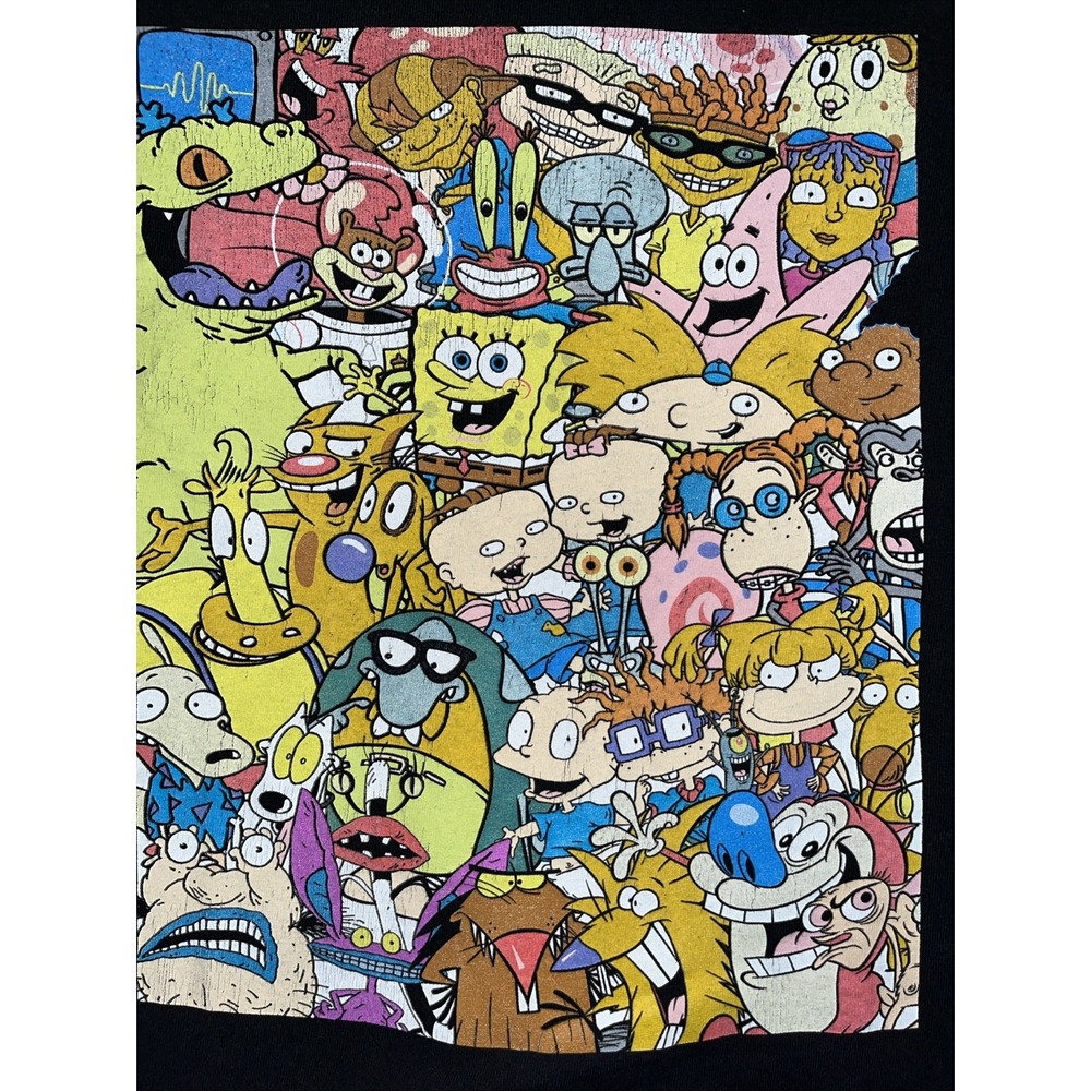 Vintage Y2K Nickelodeon Mens Black Nicktoons Rugrats SpongeBob T-Shirt Large